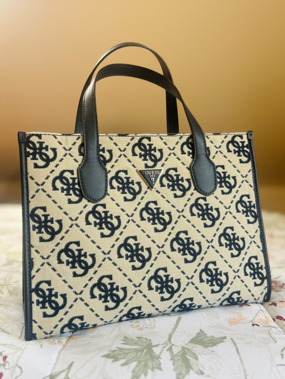 Guess Logo Print Tote in Beige & Black